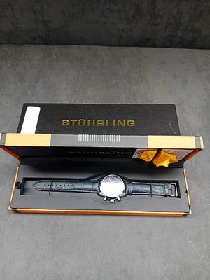 Stuhrling Rialto Quartz Chronograph Watch with Dark Blue Crocodile-Embossed Leather Strap. A 