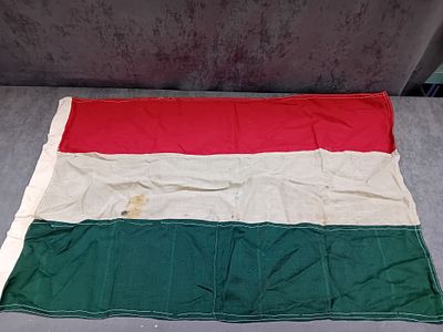 A Hungary Flag, 65cm x 100cm. A fabric flag designed with three horizontal stripes in red, white 