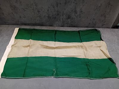 A Green and Off-White Horizontal Stripe Textile Flag. A rectangular textile flag featuring three 