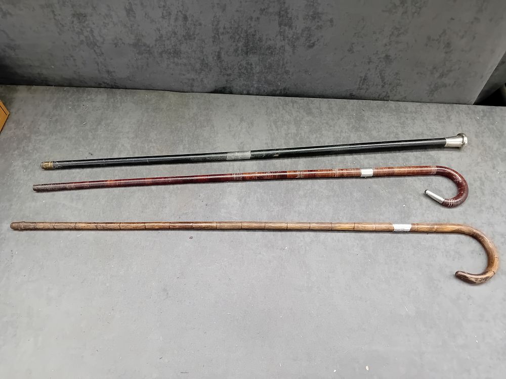 Lot 428: Three Vintage Wooden Walking Sticks with Sterling Silver Mounts
