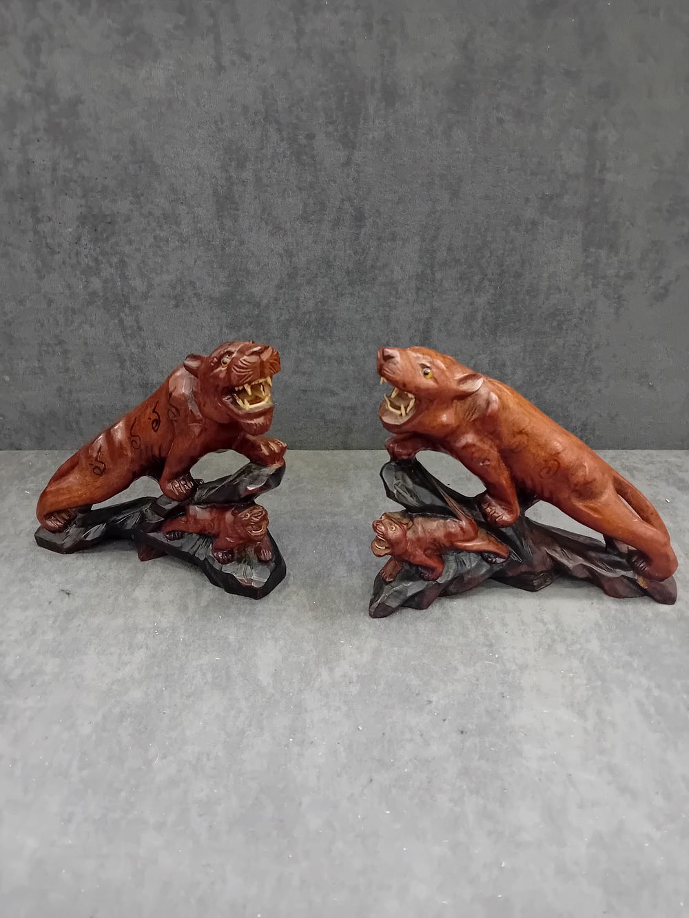Lot 432: A Pair of Vintage Hand Carved Wooden Chinese Tiger Sculptural Groups