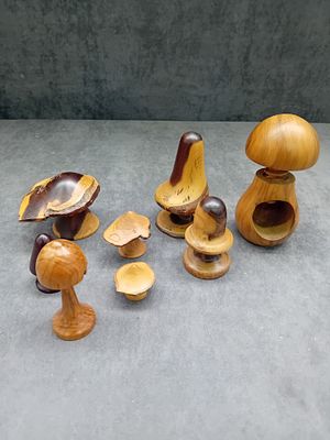 A Collection of Eight Turned Wooden Mushroom-Form Objects, including a Nutcracker. A collection 