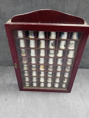 A Modern Collection of 49 British Souvenir Thimbles in a Wooden Display Case. A modern 
