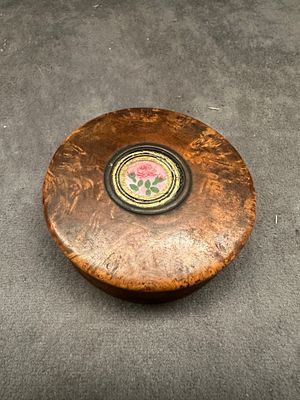 A Burl Wood and Tortoise Shell Box with Micro Mosaic Plaque. A small, round burl wood box 