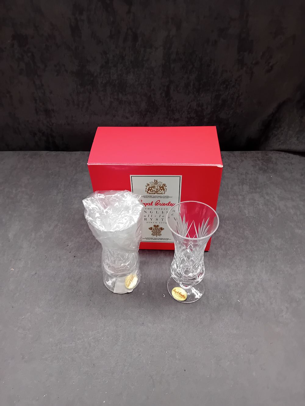 Lot 589: A Pair of Royal Brierley Cut Lead Crystal Stemmed Drinking Glasses, Boxed
