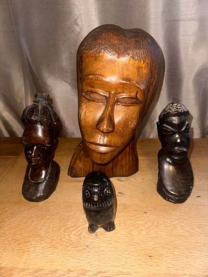 A Collection of 4 African Folk Art Treen Carvings Including Three Busts. A collection of four 