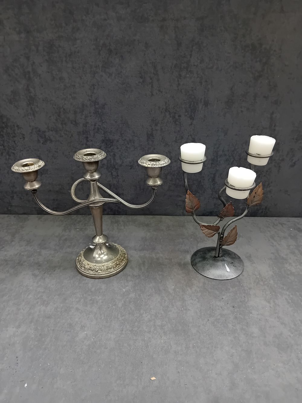 Lot 569: An Ianthe Silver Plate Three-Light Candelabra and a Decorative Metal Three-Light Candelabra