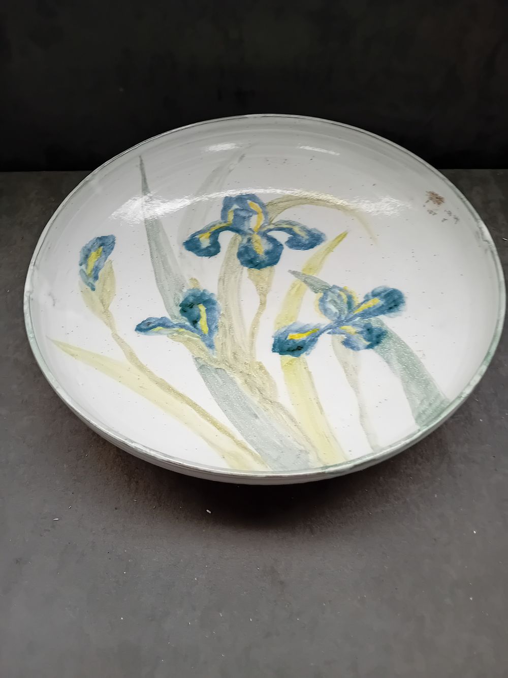 Lot 601: Studio Pottery Stoneware Plate, Hand-Painted Iris Design, Signed KW