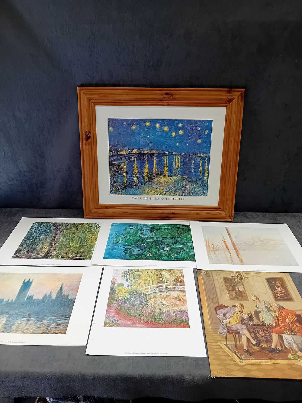 Lot 242: A Collection of Seven Art Reproductions, including a Framed Vincent van Gogh 'Starry Night Over the Rhône' Print