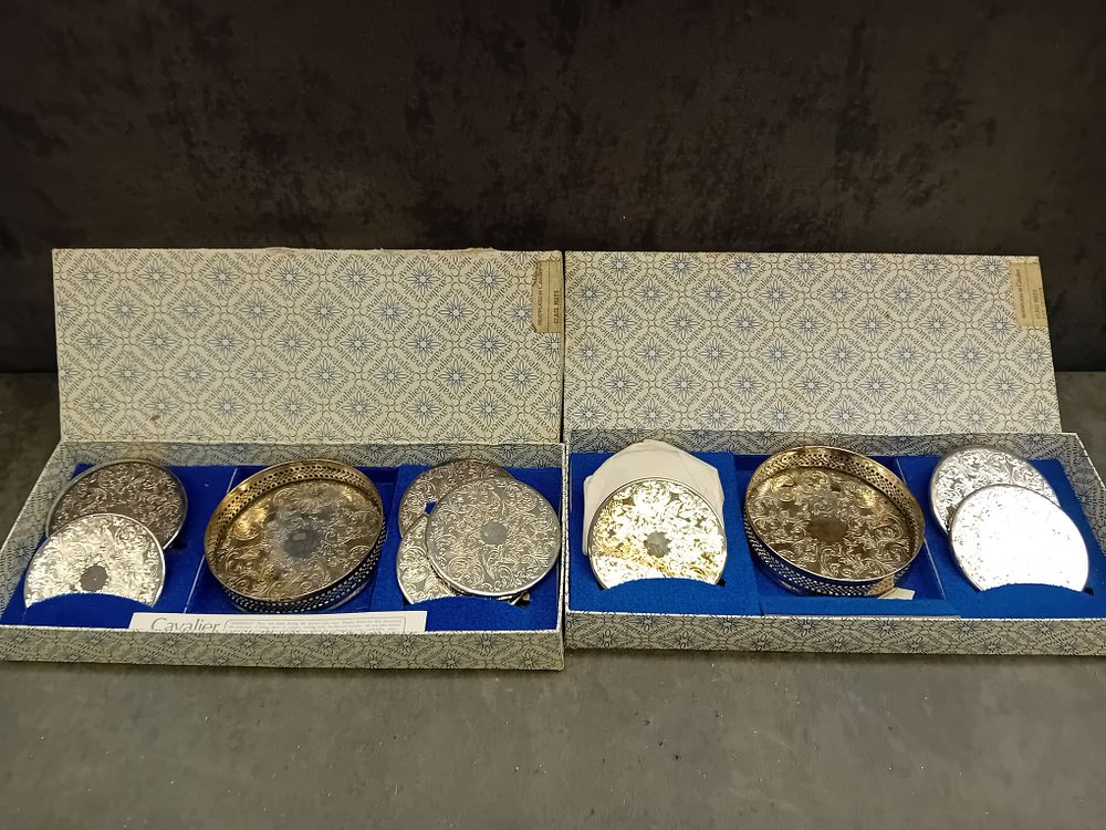 Lot 155: Two Boxed Sets of Cavalier Sheffield Silverplated Coasters and Trays