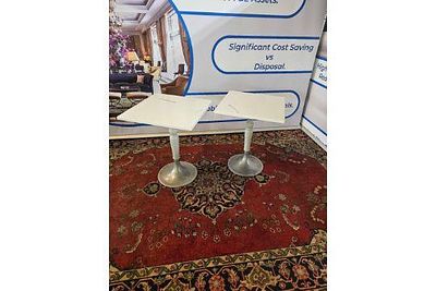 Item 8 x Bistro Dining Table A White Melamine Topped With An Etched Motif Image Raised On A Single
