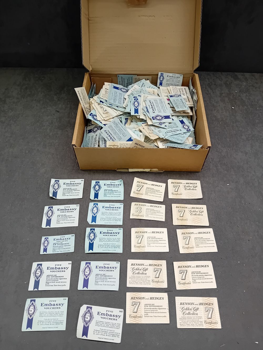 Lot 317: A Collection of Mid-to-Late 20th Century Embassy Cigarette Vouchers and Benson and Hedges Golden Gift Collection Certificates