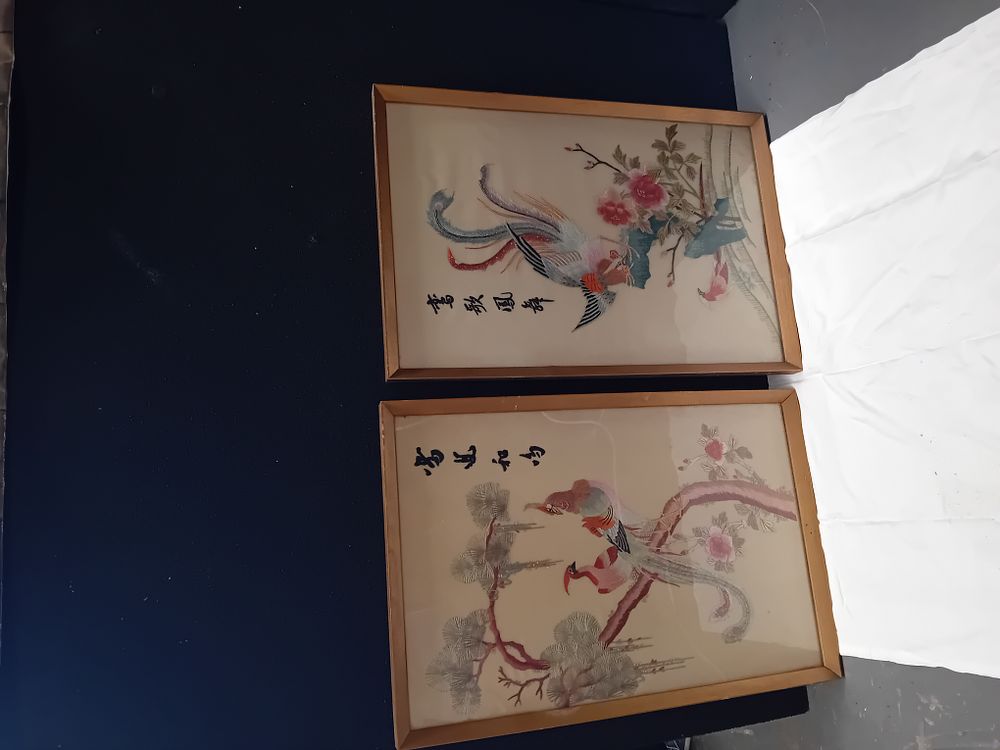 Lot 417: A Pair of Framed Chinese Silk Embroideries of Birds and Flowers