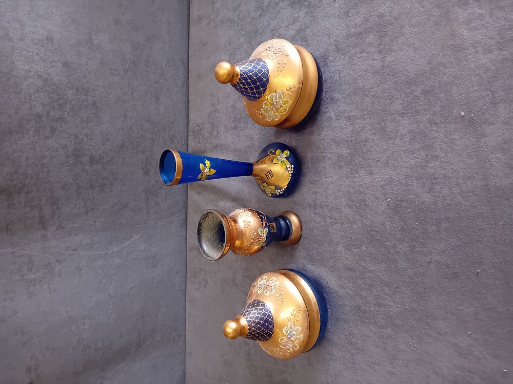 Lot 312: A Group of Cobalt Blue Glass Decorative Items in the Venetian Style with Gilt and Enamel Decoration