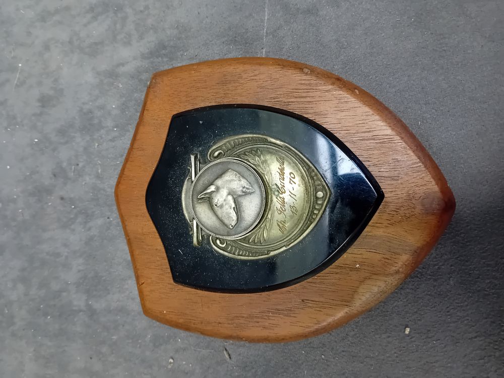 Lot 483: Commemorative Wooden Shield Plaque with Bull Terrier Medallion, Ch. Fella Cinderella, 1970