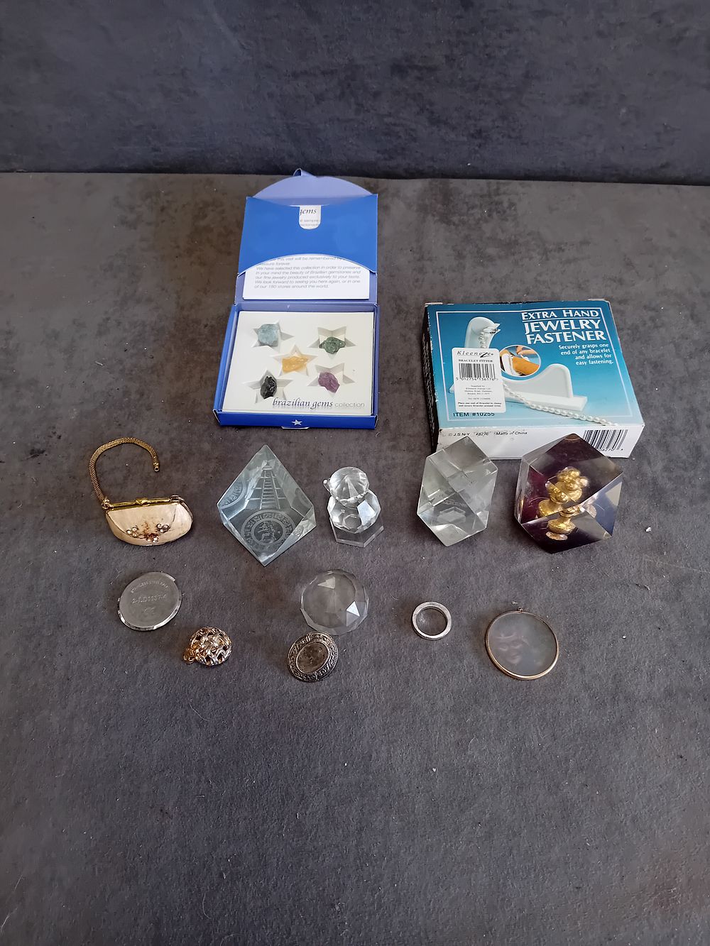 Lot 517: An Assortment of Costume Jewelry Decorative Glass and Accessories Including a Brazilian Gems Collection