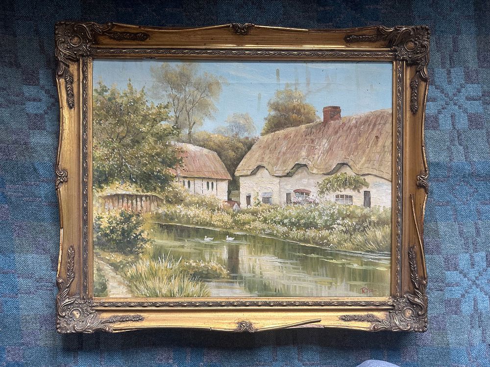 Lot 391: Roth – Thatched Cottage by the Water, Oil...