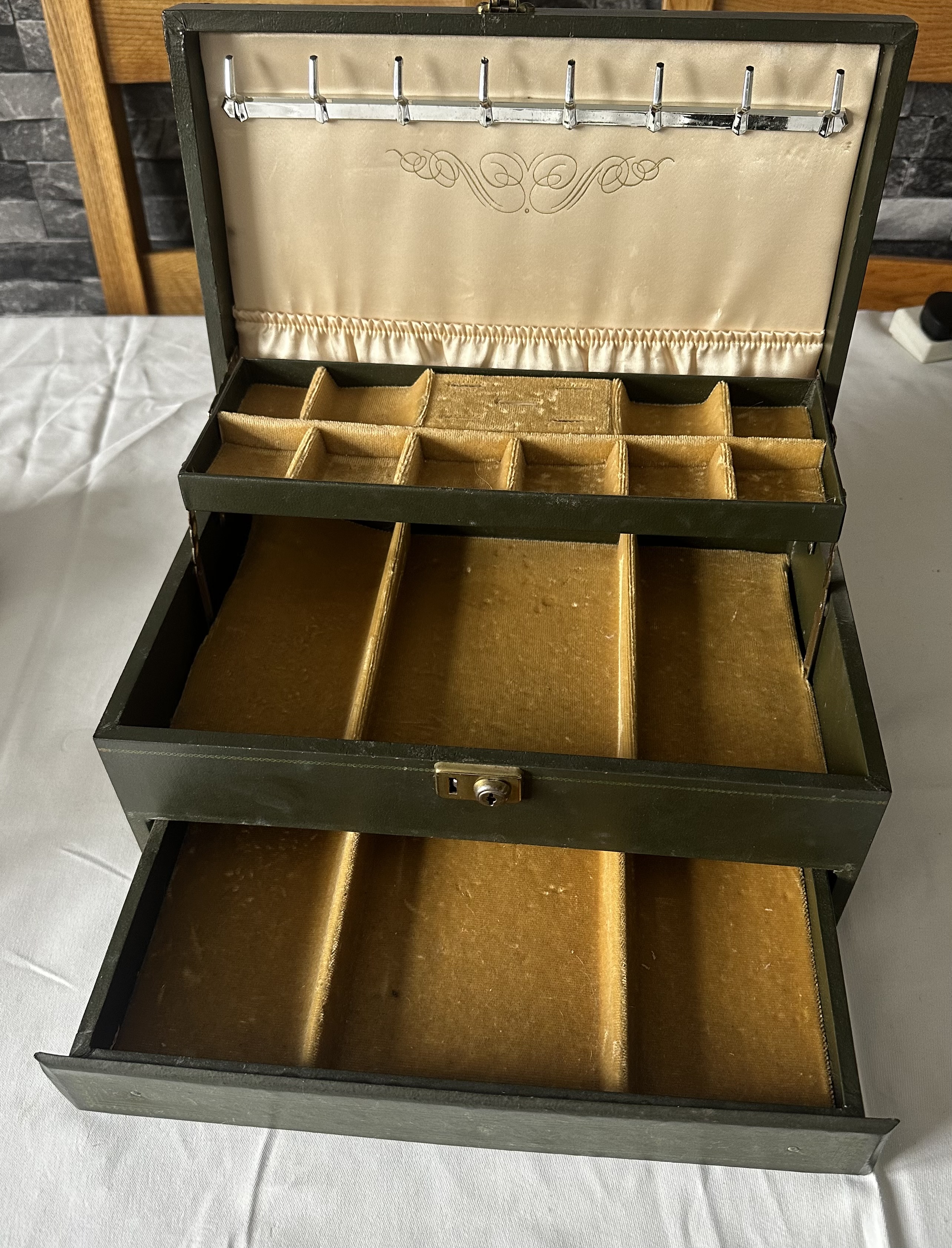 Vintage Green Wooden Jewellery box with 3 tiers as pictured.