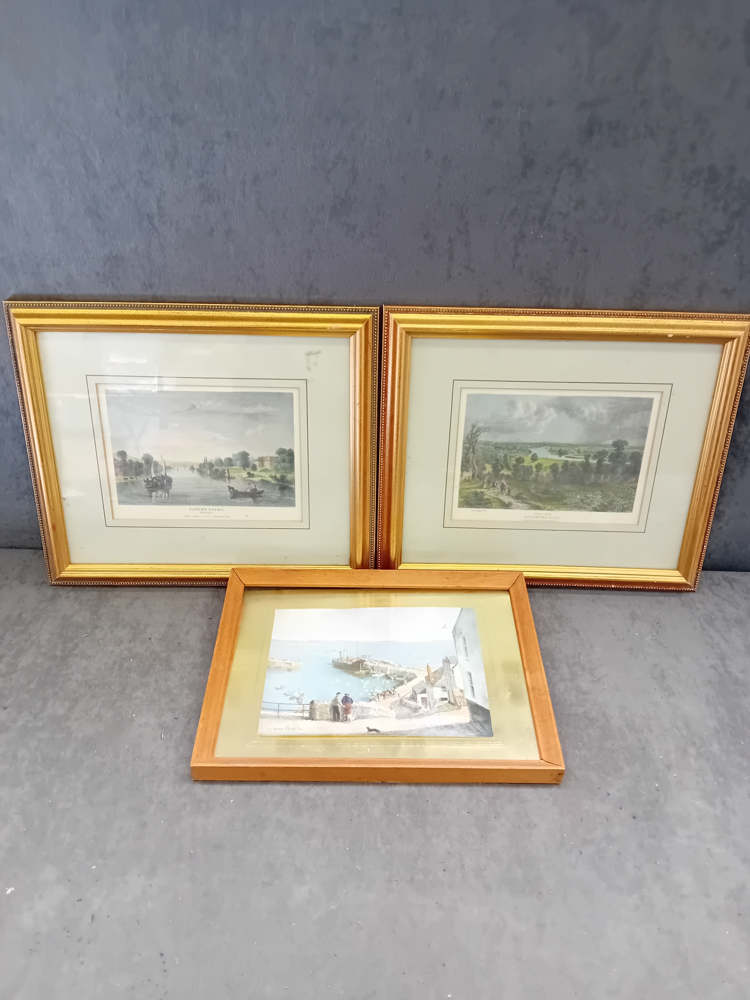 A Group of Three Framed Artworks: Two 19th Century Topographical Prints and a Vernon Ward Harbor Scene