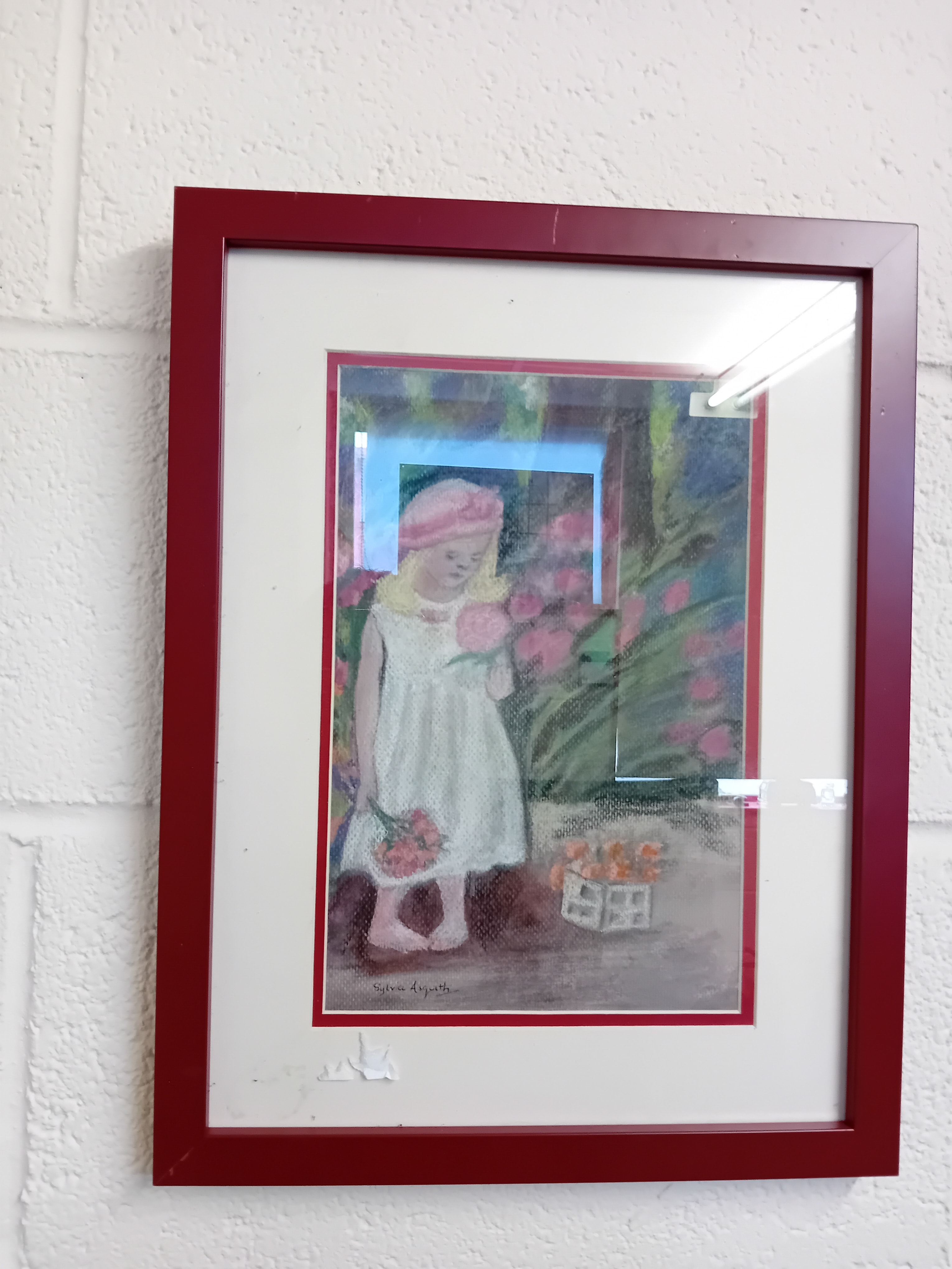 Sylvia Asquith, Signed Framed Pastel Drawing, Young Girl with Flowers