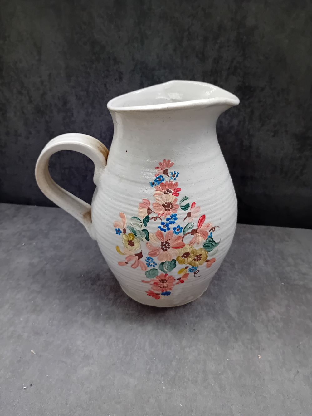 Lot 237: Vintage Stoneware Hand-Painted Floral Pitcher