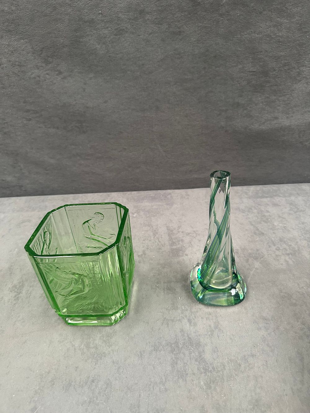 Lot 763: Two Art Deco Style Green Uranium Glass Vases