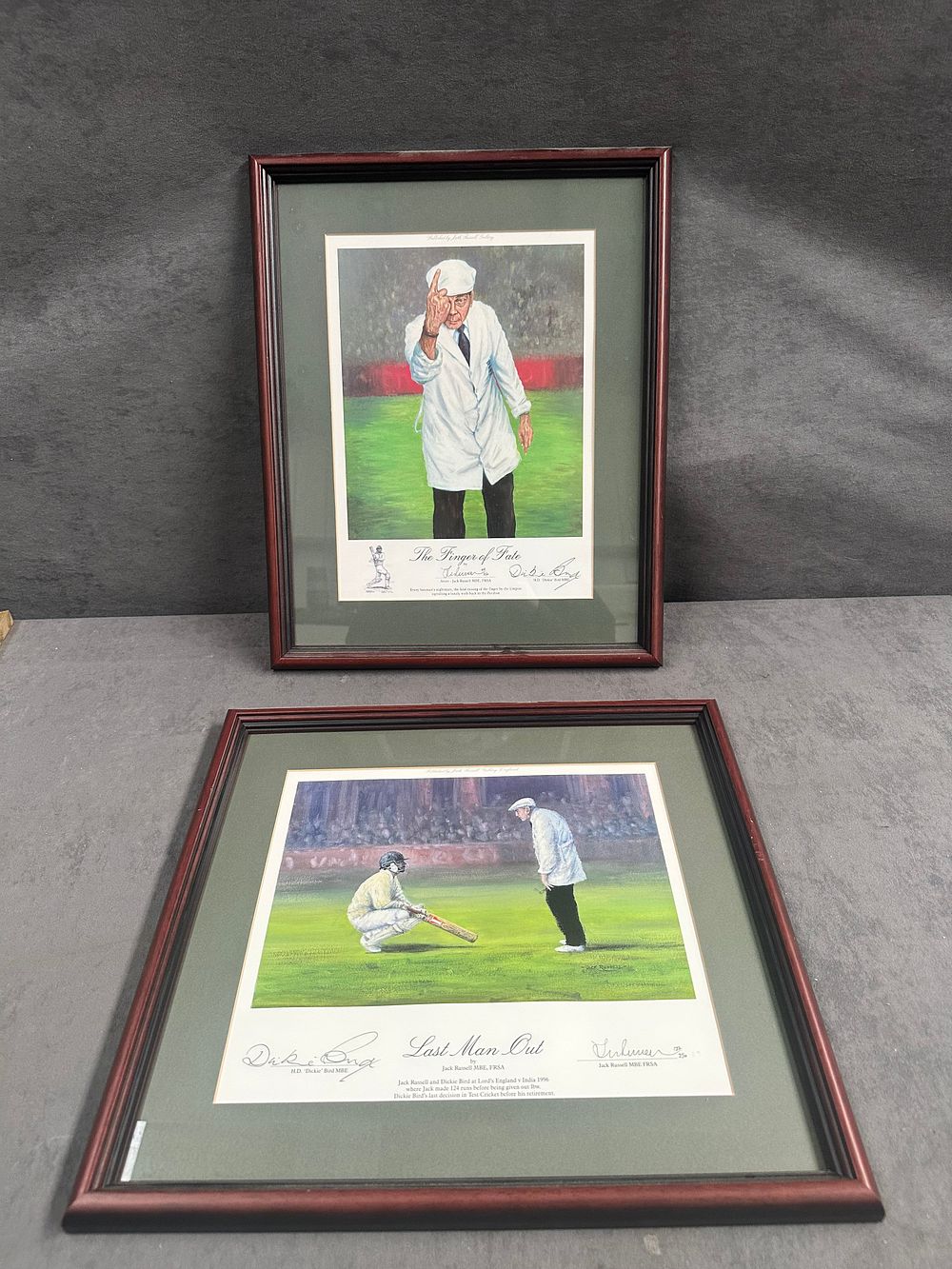 Lot 467: A Pair of Framed and Signed Cricket Prints by Jack Russell MBE FRSA Featuring Harold Dickie Bird MBE