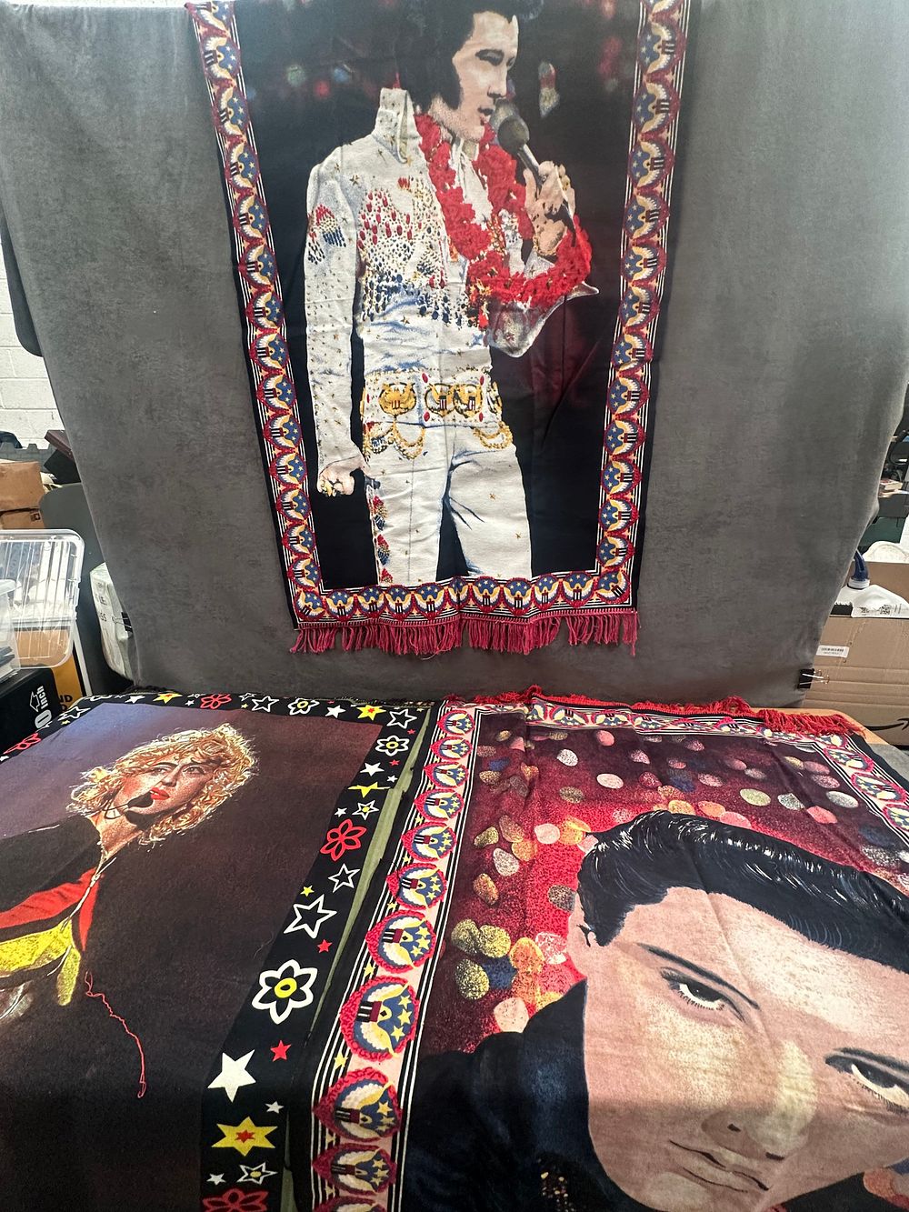 Lot 419: A Trio of Vintage Elvis Presley and Madonna Synthetic Velvet Wall Tapestries