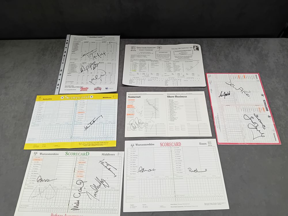 Lot 609: Cricket Signed Score cards team sheets and other...