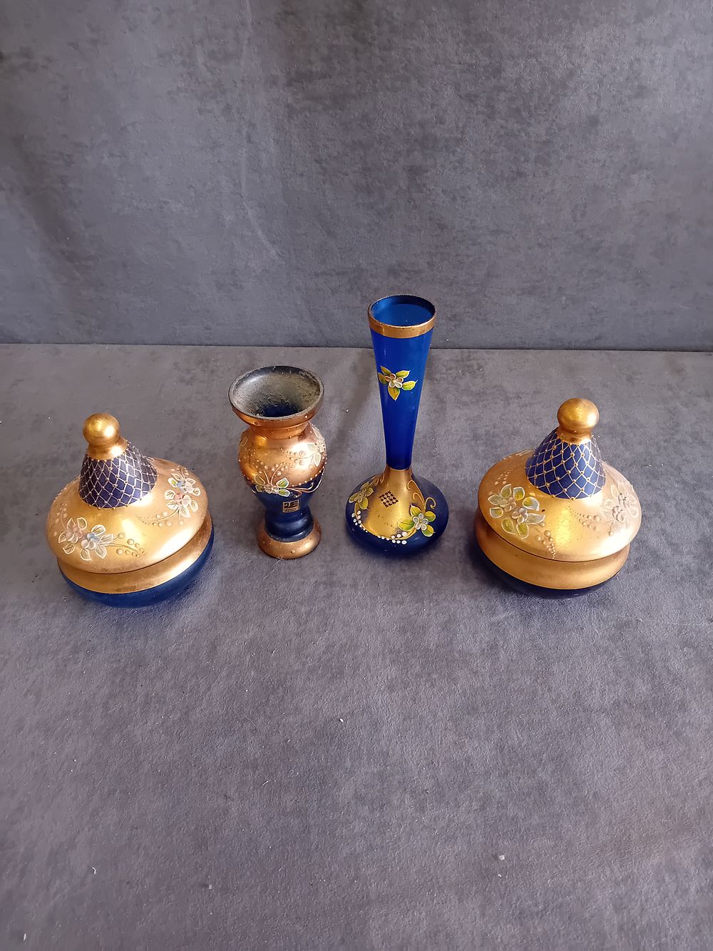 Lot 552: A Group of Cobalt Blue Glass Decorative Items in the Venetian Style with Gilt and Enamel Decoration