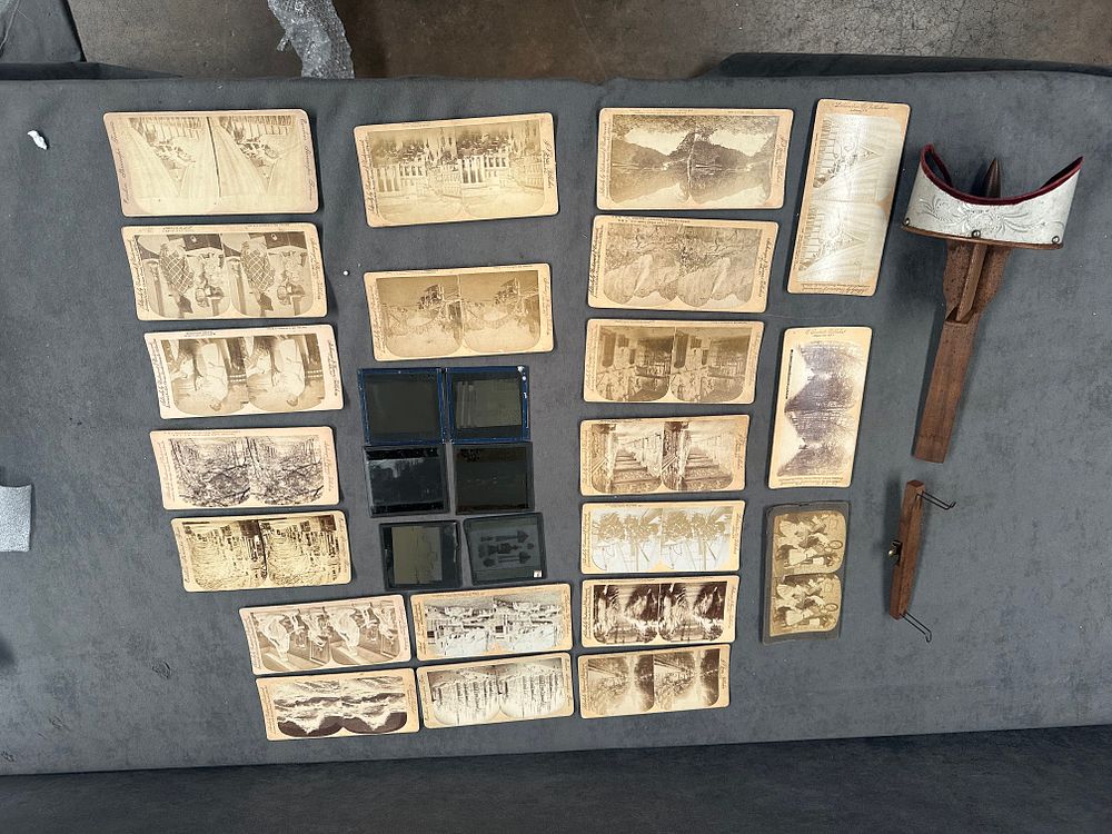 Lot 476: A Late 19th-Century Holmes-Style Aluminium and Wood Stereoscope with an Assortment of Stereoview Cards and Glass Slides