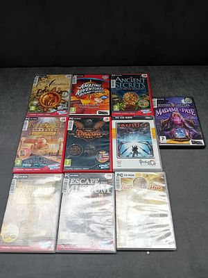 A Collection of 10 PC CD-ROM Video Games, including Adventure, Mystery, and Hidden Object Titles. 