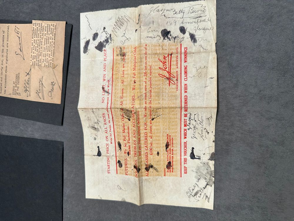 Lot 497: Two Items of British Ephemera: A Reproduction Instrument of Abdication and a Betting Voucher, c. 1936