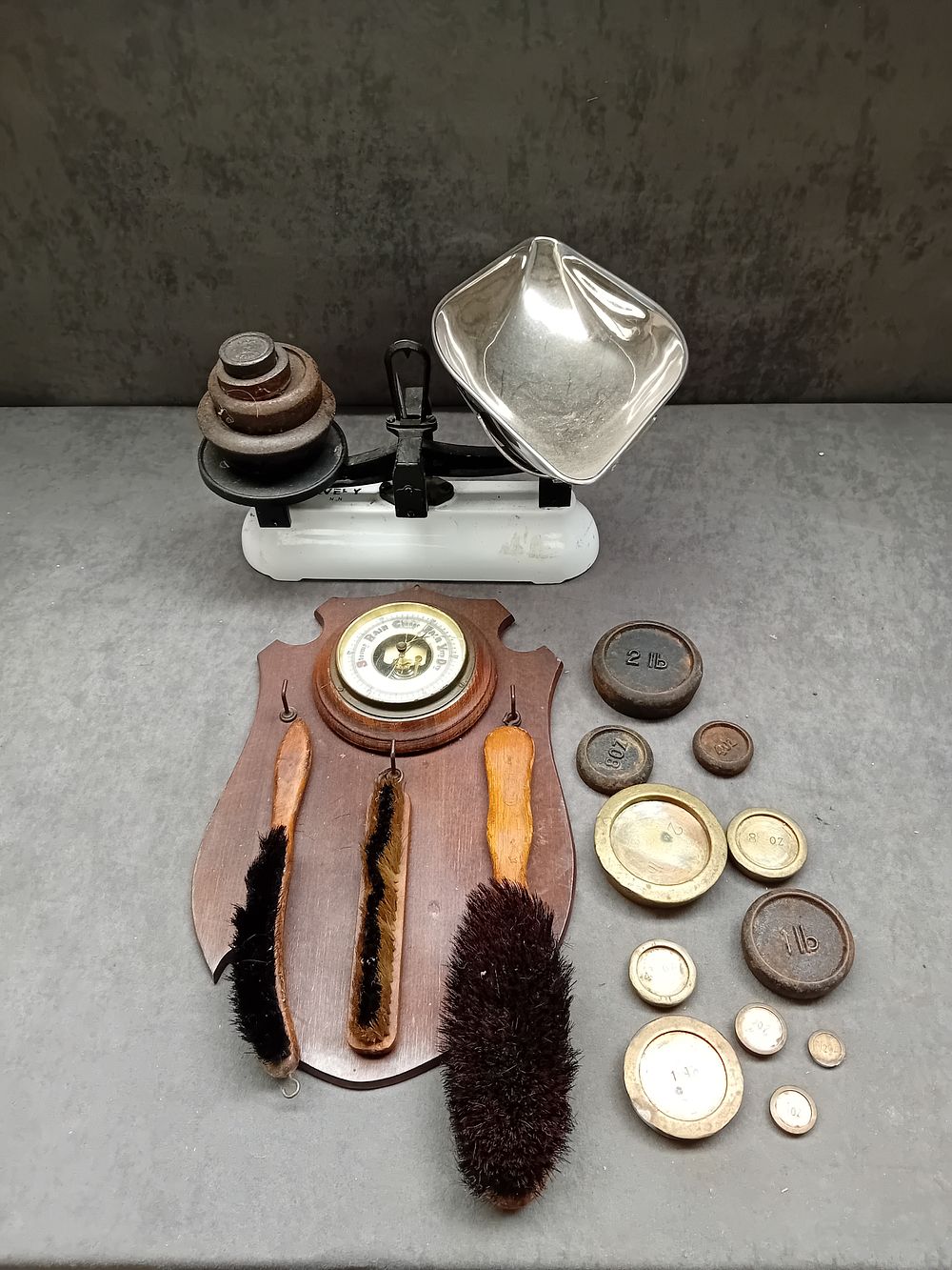 Lot 543: Mixed lot containing Weighing Scales a Barometer and...