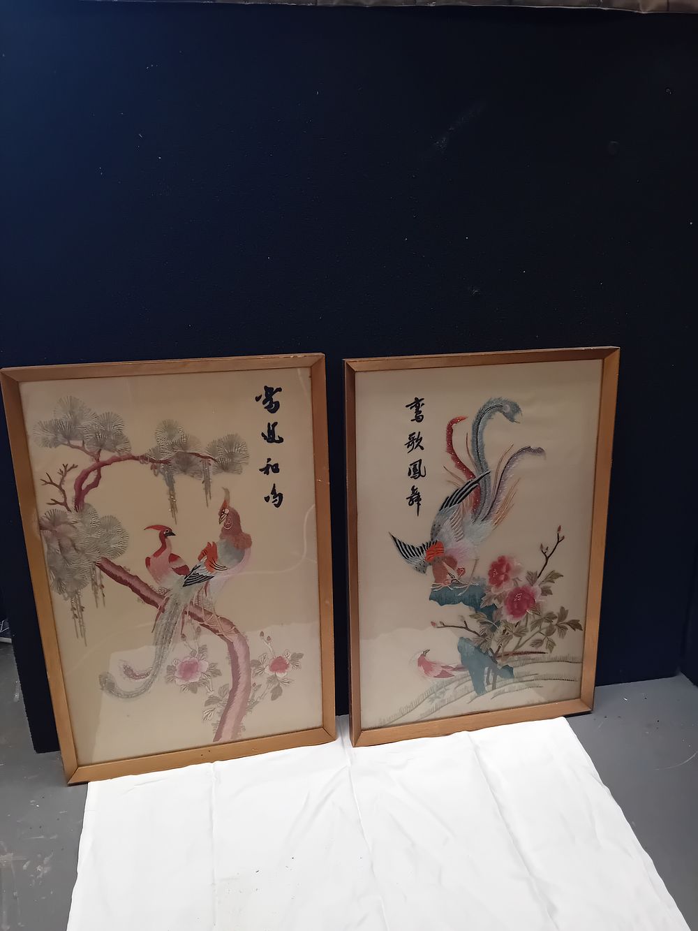 Lot 325: A Pair of Framed Chinese Silk Embroideries of Birds and Flowers