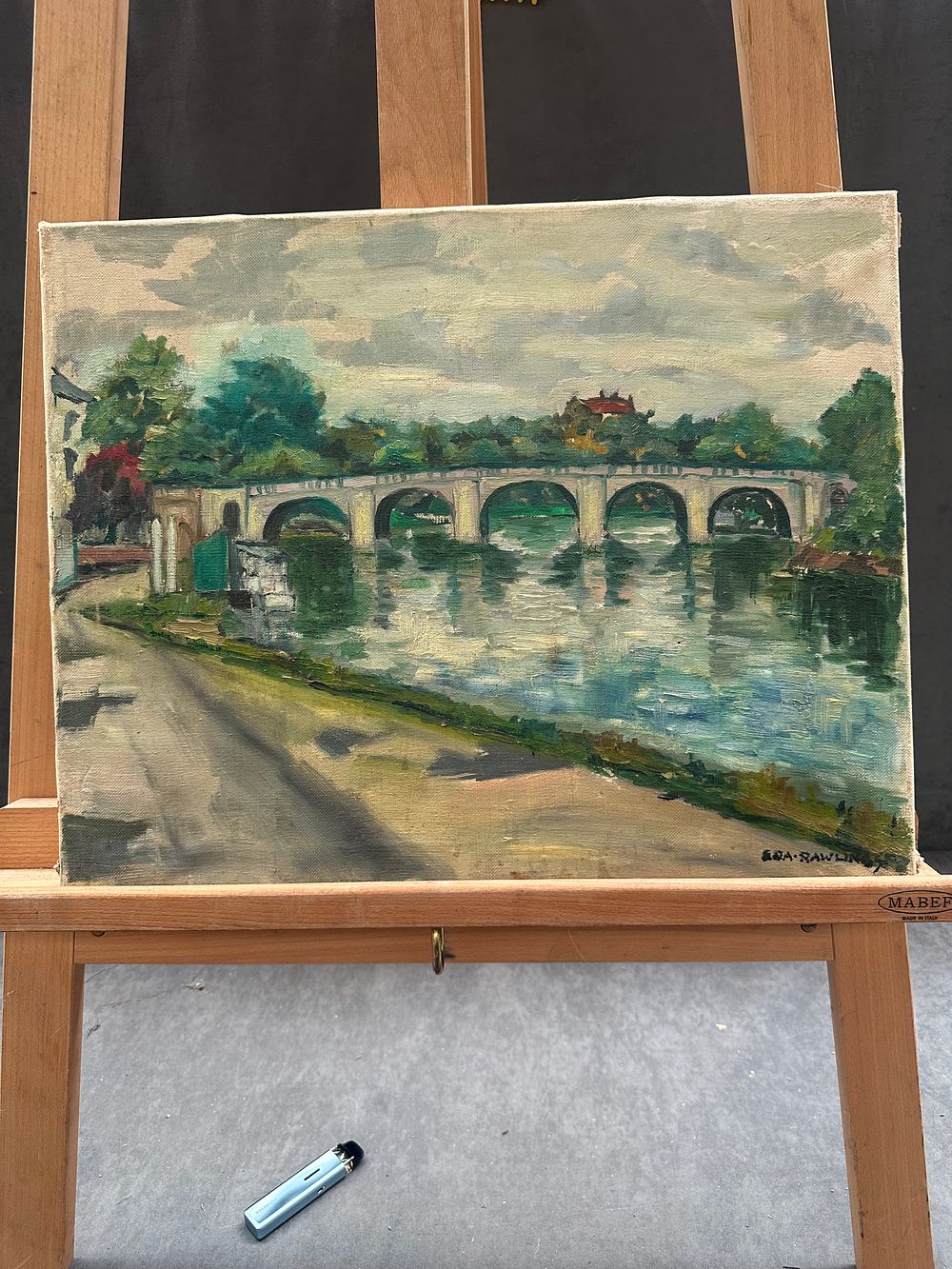 Lot 380: Ena Rawlins, Impressionist landscape oil on canvas depicting an arched bridge