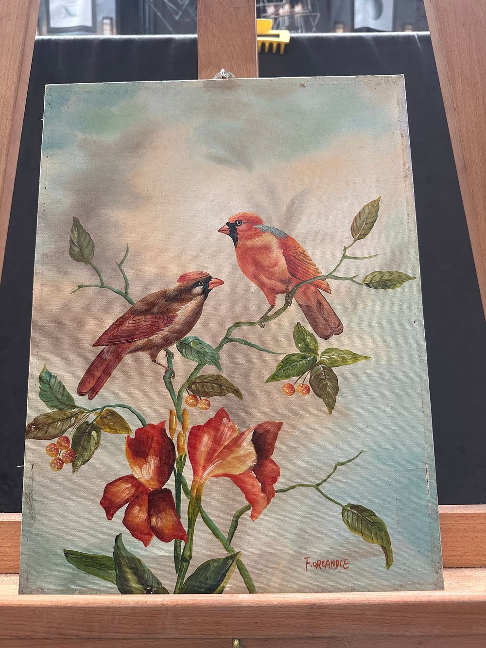 Lot 381: F. Orlandie, Oil Painting on Canvas Board, Pair of Northern Cardinals