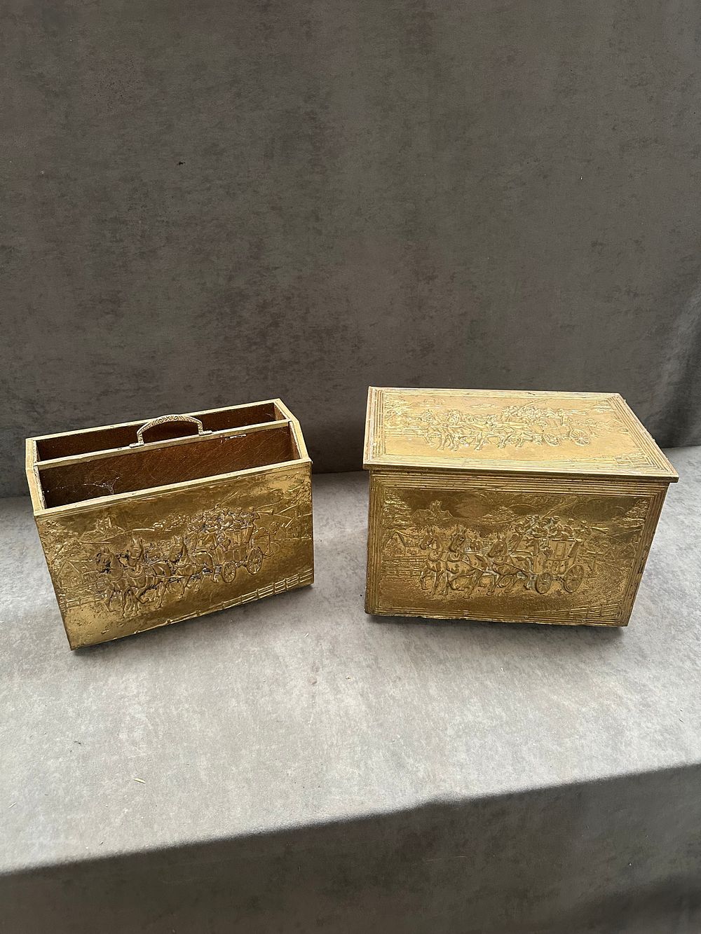 Lot 465: A Pair of Repoussé Brass-Clad Wooden Fireside Accessories