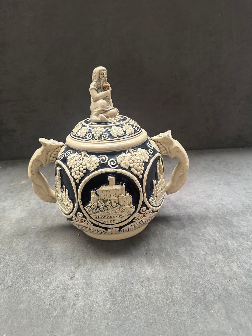 Lot 401: Vintage German Relief-Moulded Lidded Punch Bowl with Rhine Castle Medallions and Fox Handles