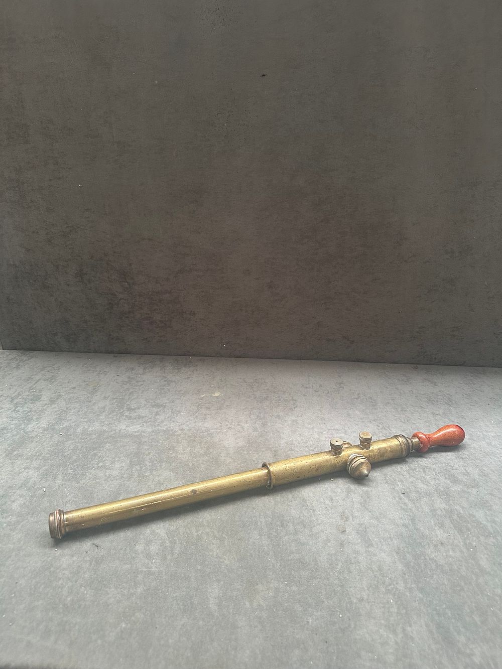 Lot 475: Antique Brass Manual Garden Pump Sprayer with Turned Wooden Handle