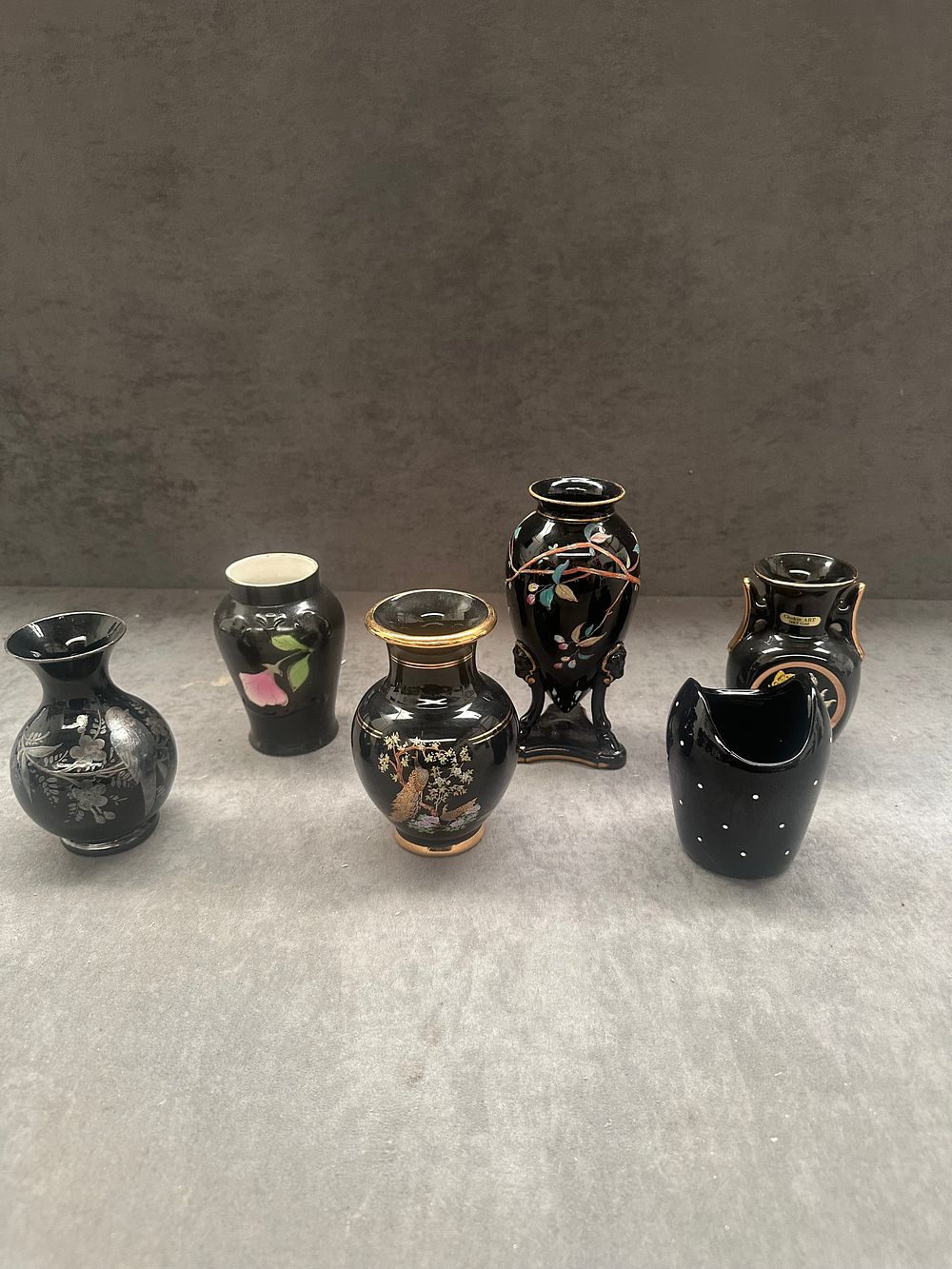 Lot 410: An Assortment of Six Miniature Black-Glazed Ceramics Including Spathas Keramik and Creaho Examples