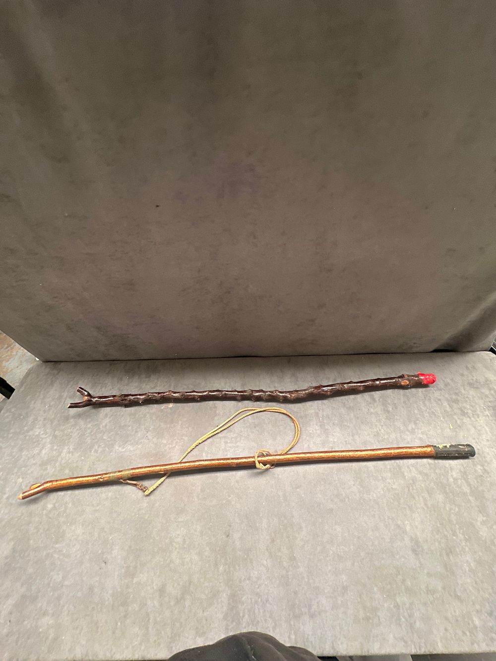 Lot 481: Two natural wood folk art walking sticks including a blackthorn example