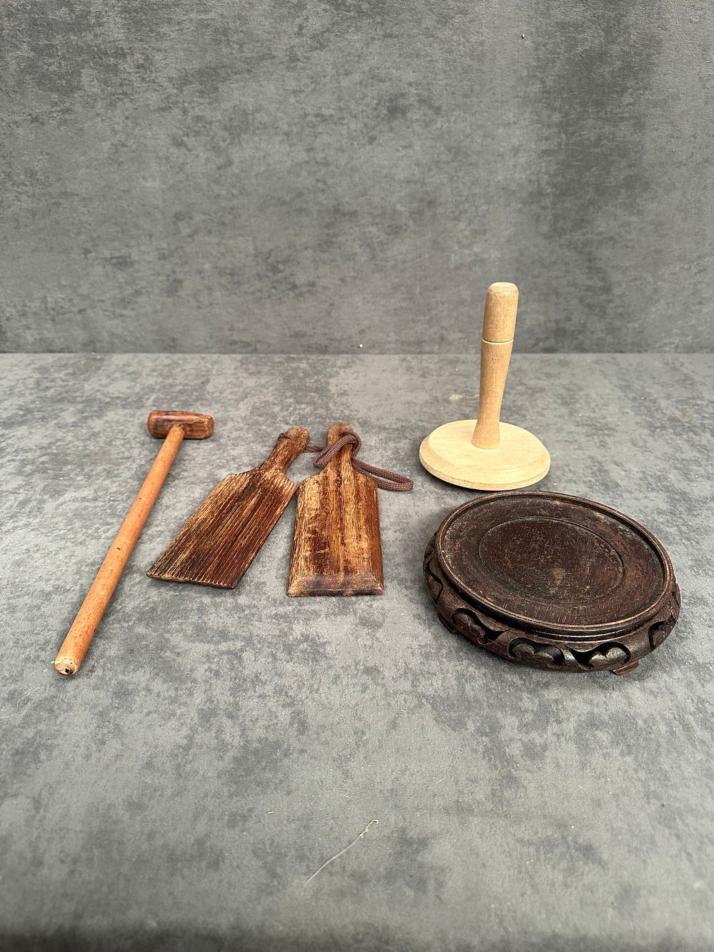 Lot 485: A Group of Carved and Turned Wooden Objects Including Butter Paddles and Display Stands