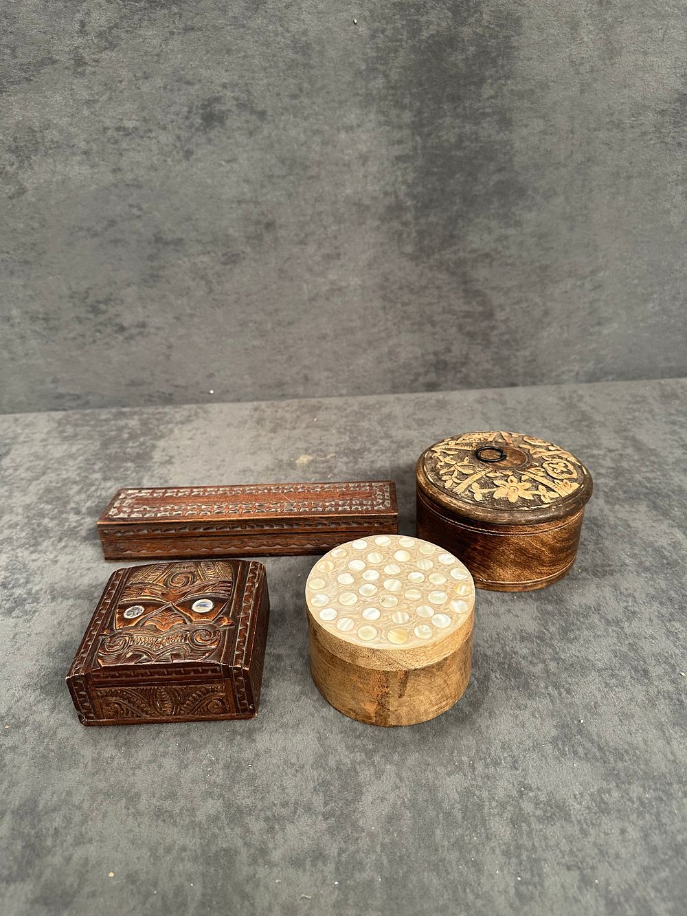 Lot 487: A Collection of Carved and Inlaid Wood Trinket Boxes