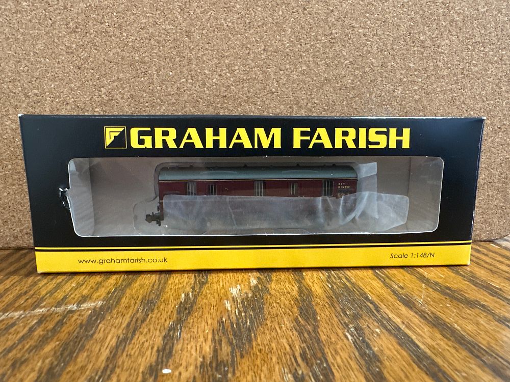 Lot 174: Graham Farish N Gauge 374-641 MK1 Covered Carriage Truck in BR Lined Maroon Weathered Finish