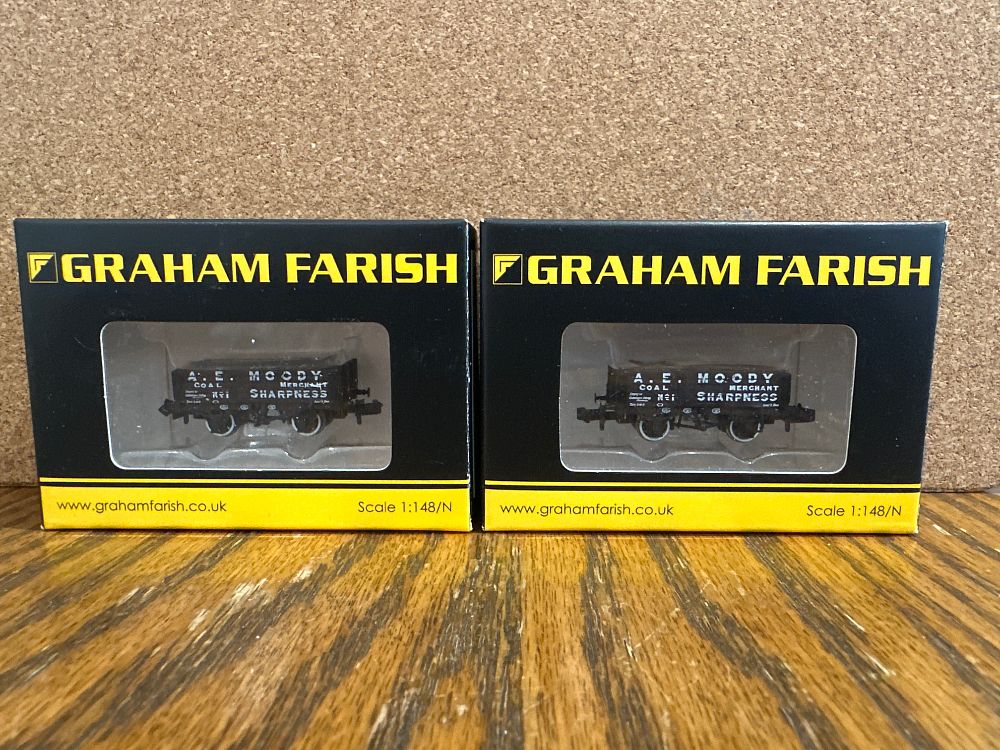 Lot 179: A Pair of Graham Farish N Gauge 5 Plank Open Wagons A. E. Moody Sharpness 377-060