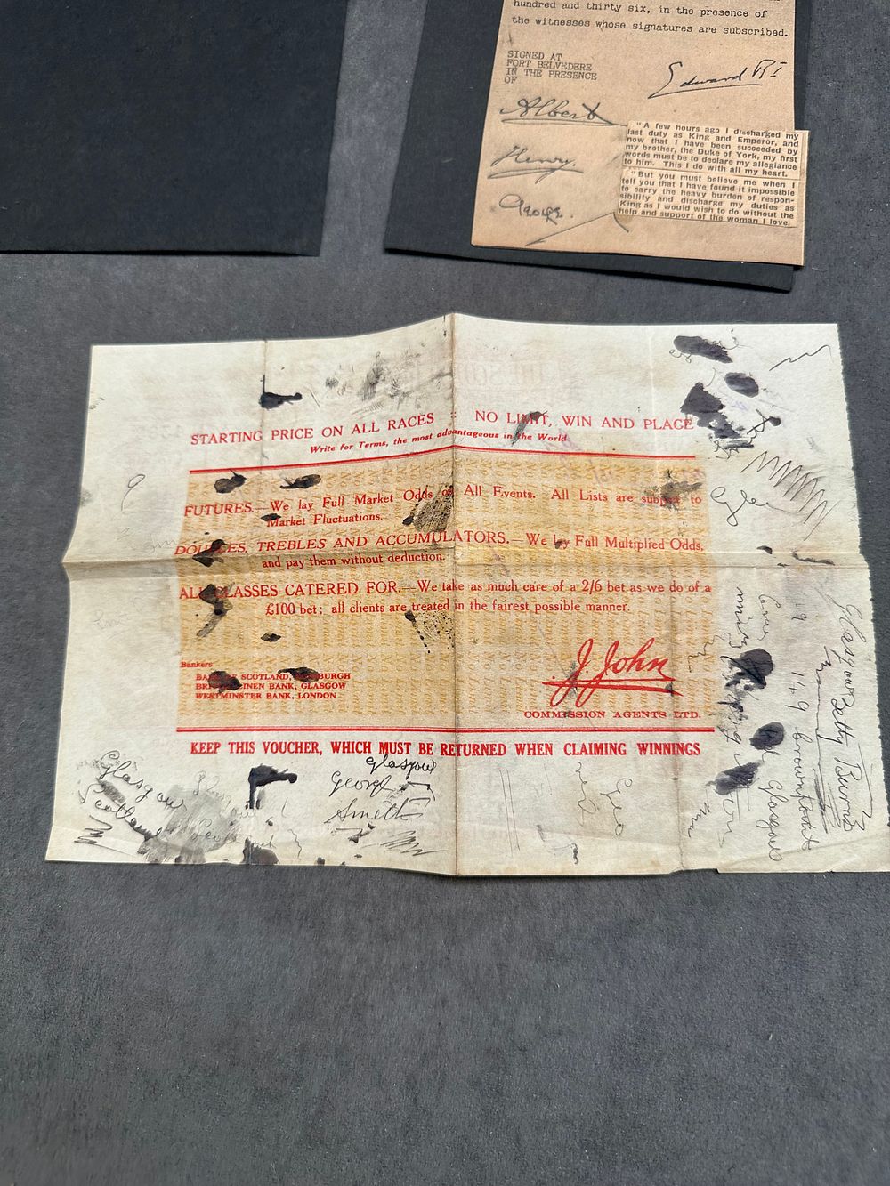 Lot 582: Two Items of British Ephemera: A Reproduction Instrument of Abdication and a Betting Voucher, c. 1936