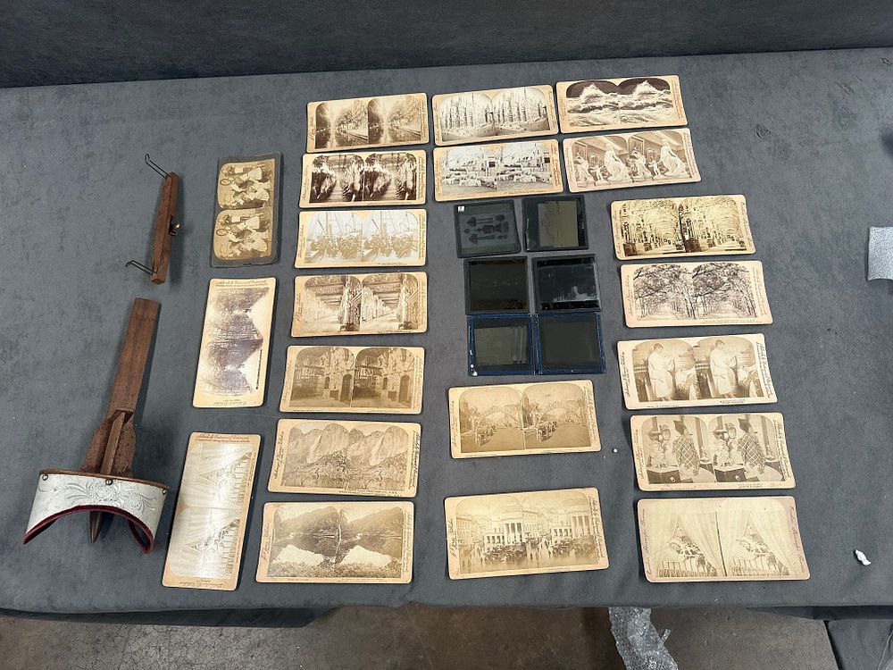 Lot 591: A Late 19th-Century Holmes-Style Aluminium and Wood Stereoscope with an Assortment of Stereoview Cards and Glass Slides