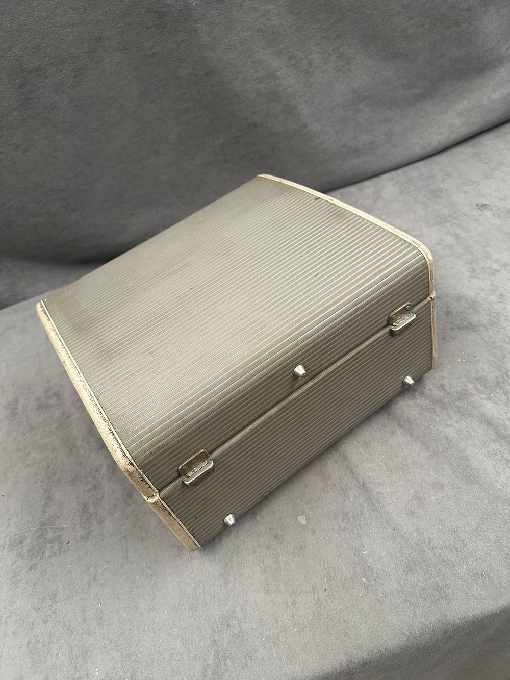 Lot 370: A Philips portable reel-to-reel tape recorder in a grey-ribbed carrying case