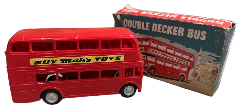 Lot 81: Mak's Friction Powered Plastic Double Decker Bus in Original Pictorial Box